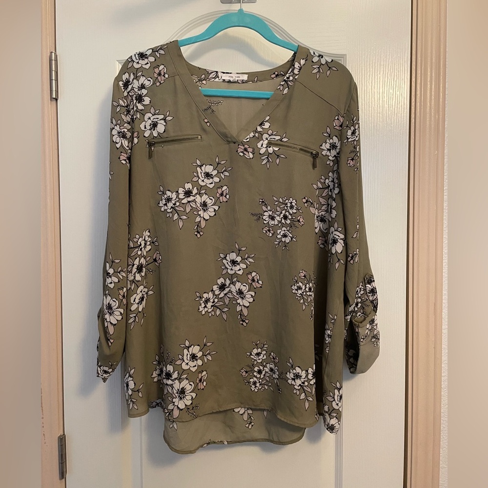 Maurices Olive Floral Blouse with Zipper Accents